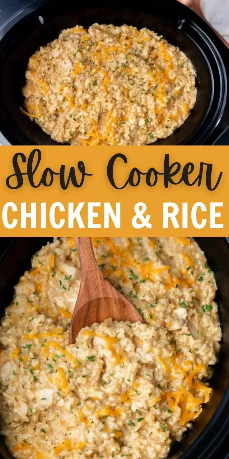 Creamy chicken and rice prepared in a slow cooker for a delicious meal