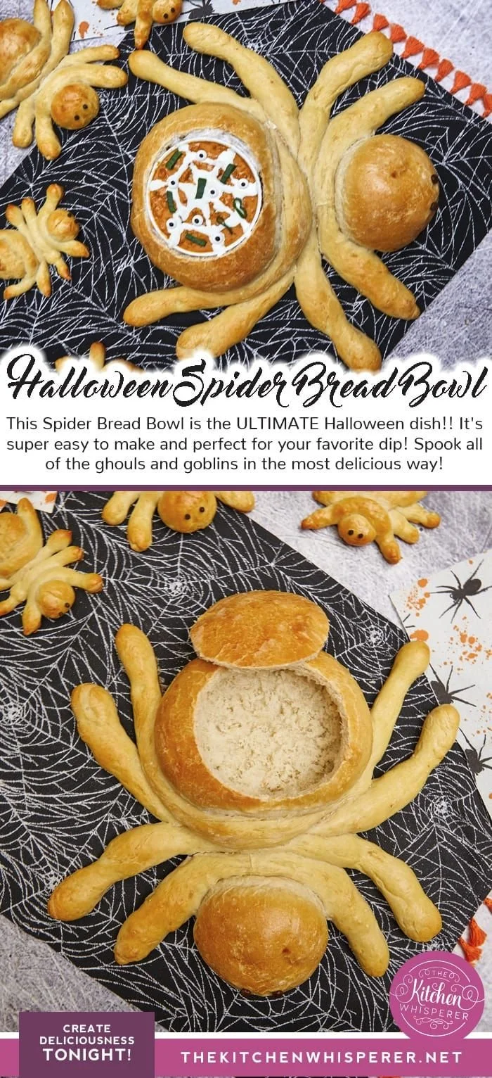 Halloween spider bread bowl filled with dip for spooky gatherings