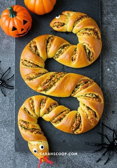 Crispy Slithering Snake Bread perfect for Halloween party appetizers.