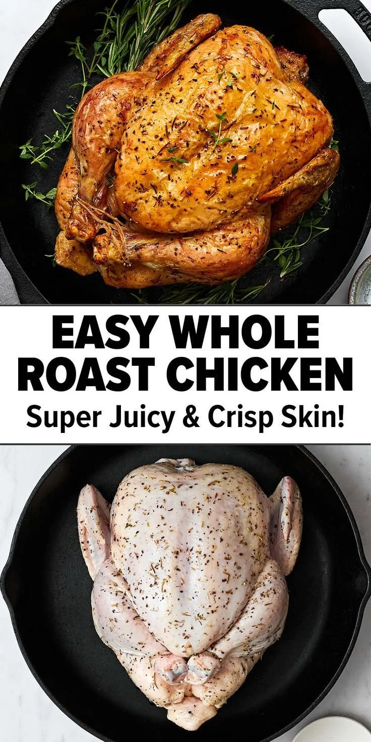 Easy whole roast chicken recipe with crispy skin and juicy meat.