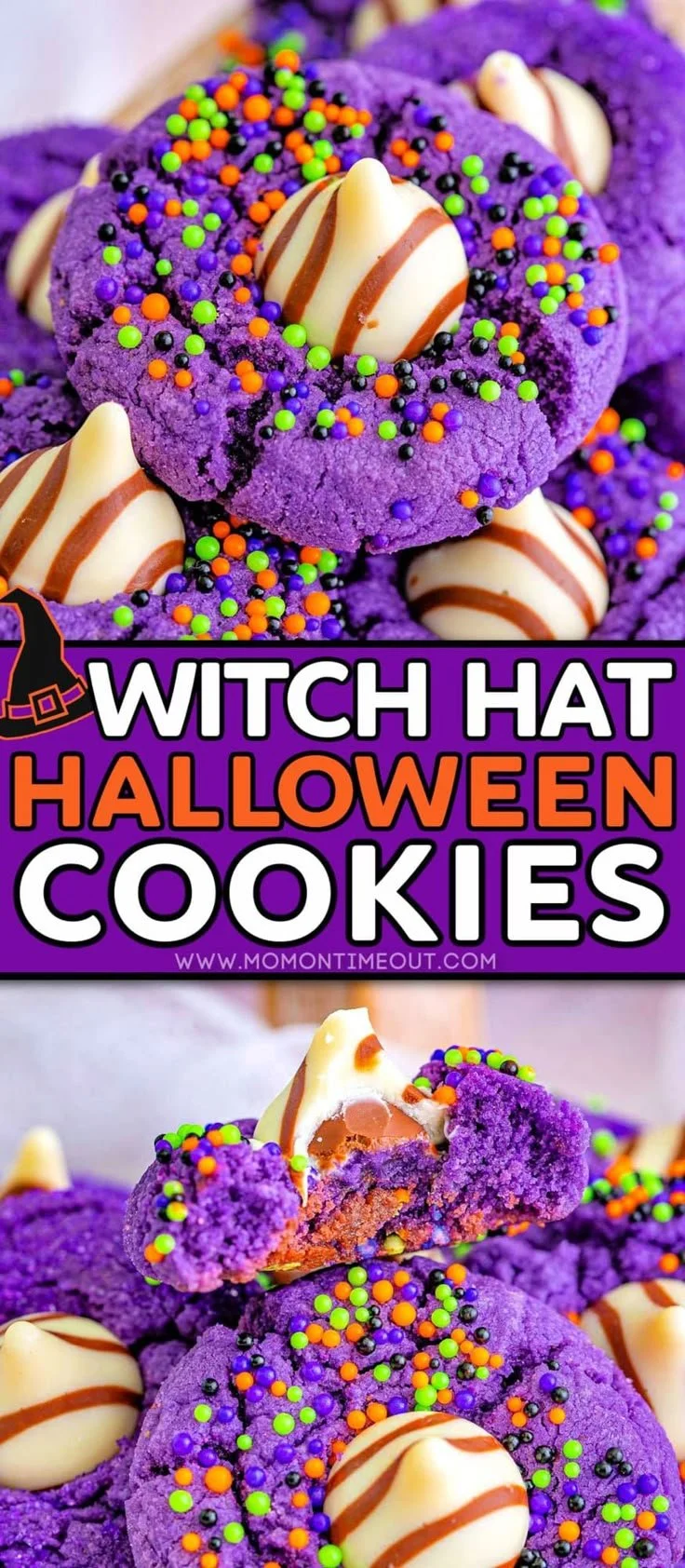 Witch Hat Cookies decorated for Halloween with chocolate and candy corn.