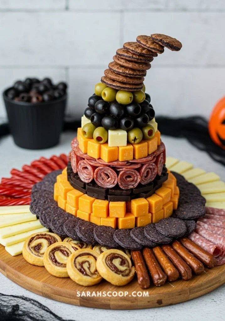 Halloween witch hat snack board with charcuterie and dessert treats