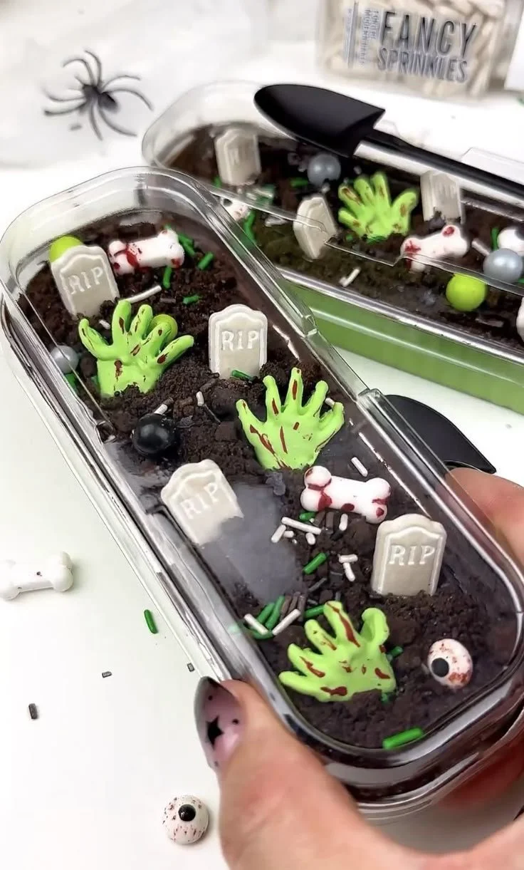 Zombie Graveyard Mini Cakes decorated for Halloween fun.