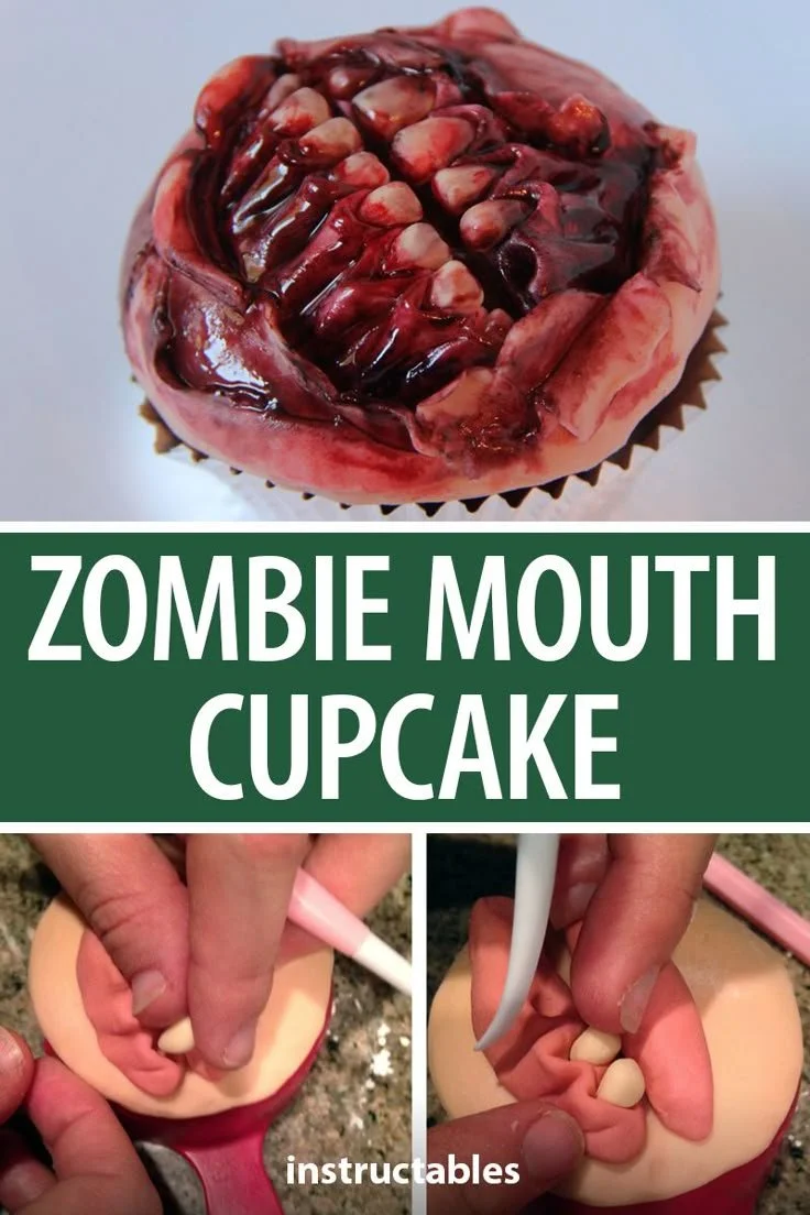 Delicious Zombie Mouth Cupcake topped with scary candy teeth and dripping red sauce.