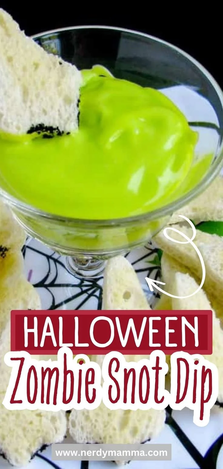 A festive bowl of Zombie Snot Dip, perfect for Halloween gatherings and parties.